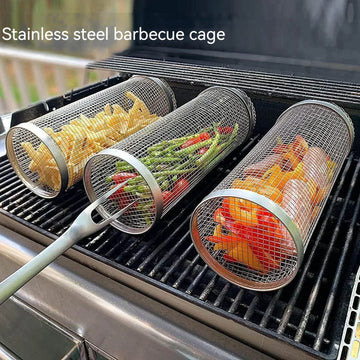 BBQ Basket Stainless Steel Rolling Grilling Basket Wire Mesh Cylinder Grill Basket Portable round Outdoor Camping Barbecue Rack
