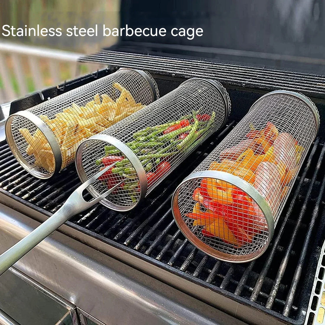 BBQ Basket Stainless Steel Rolling Grilling Basket Wire Mesh Cylinder Grill Basket Portable round Outdoor Camping Barbecue Rack