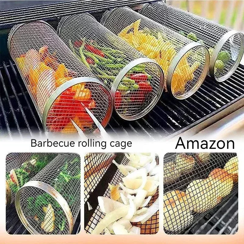 BBQ Basket Stainless Steel Rolling Grilling Basket Wire Mesh Cylinder Grill Basket Portable round Outdoor Camping Barbecue Rack