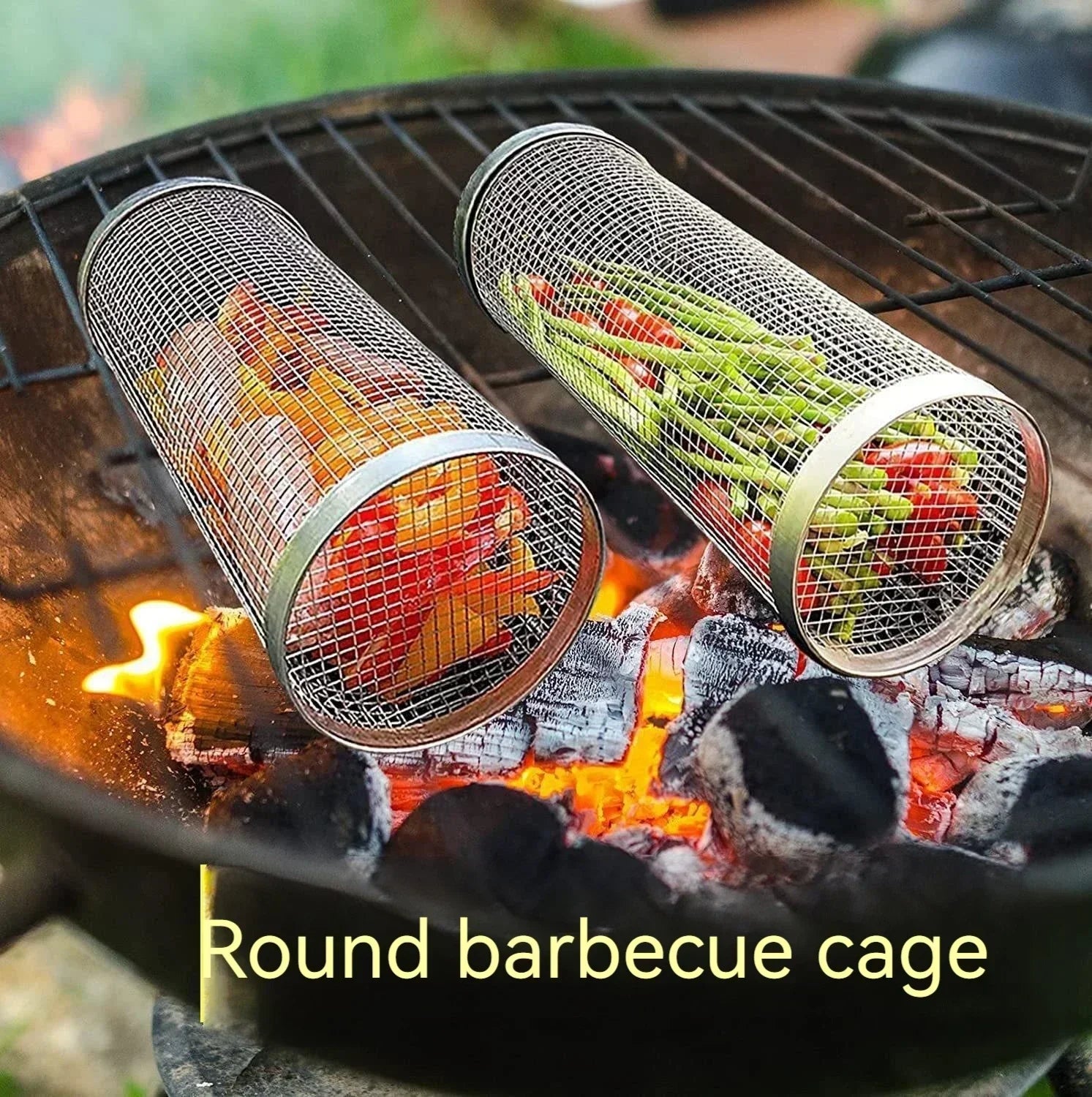 BBQ Basket Stainless Steel Rolling Grilling Basket Wire Mesh Cylinder Grill Basket Portable round Outdoor Camping Barbecue Rack