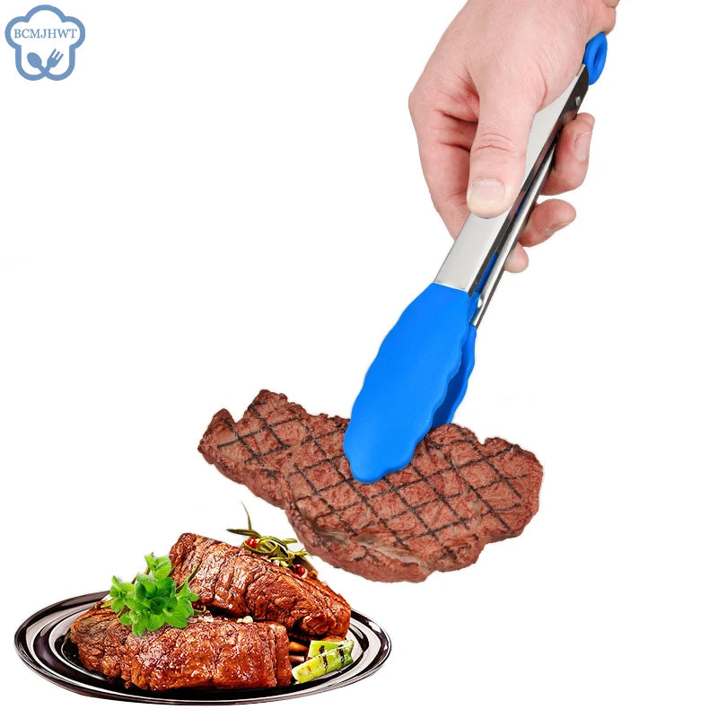 1PCS Silicone BBQ Grilling Tong Salad Bread Serving Tong Non-Stick Kitchen Barbecue Grilling Cooking Tong with Joint Lock