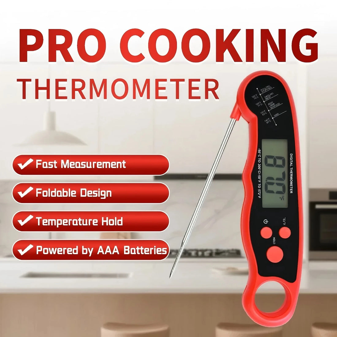 Quick Digital Food Thermometer Kitchen Cooking Baking Tool Instant Test Meat Thermometer with Backlit Hanging Fold Waterproof