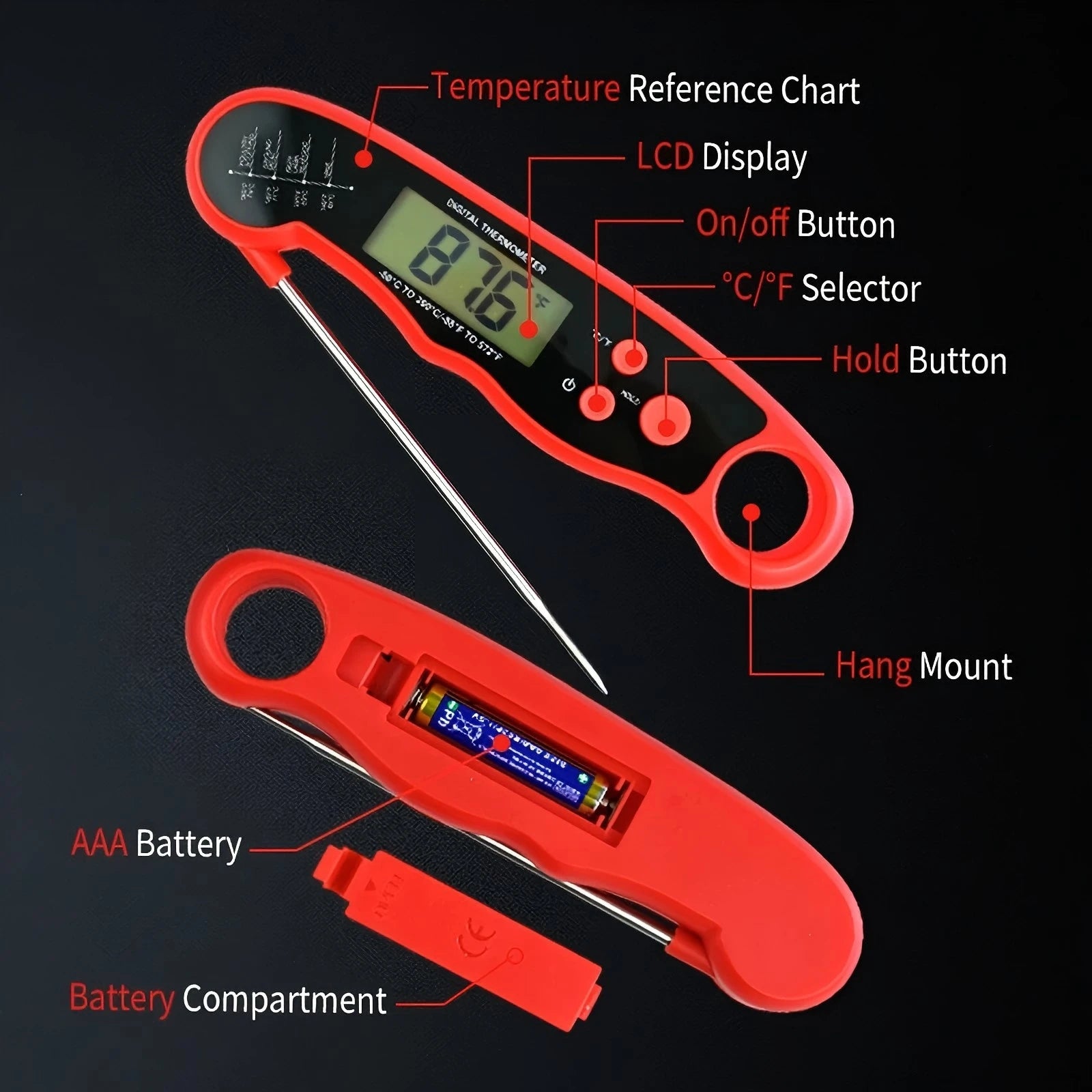 Quick Digital Food Thermometer Kitchen Cooking Baking Tool Instant Test Meat Thermometer with Backlit Hanging Fold Waterproof