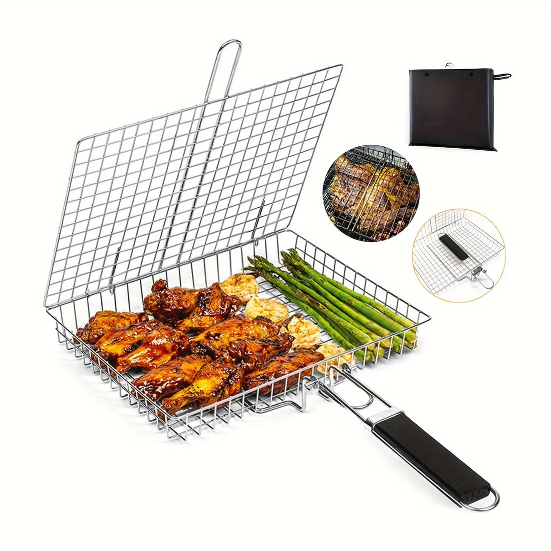 Stainless Steel Foldable and Thickened Barbecue Net Rack with Large Capacity for Grilling Chicken BBQ Grilling Basket Withhandle
