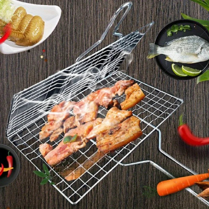 Stainless Steel Foldable and Thickened Barbecue Net Rack with Large Capacity for Grilling Chicken BBQ Grilling Basket Withhandle