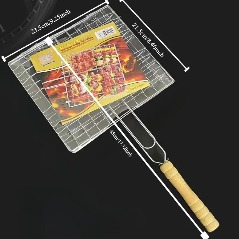 Stainless Steel Foldable and Thickened Barbecue Net Rack with Large Capacity for Grilling Chicken BBQ Grilling Basket Withhandle
